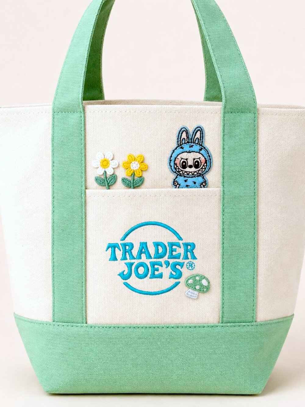 Trader Joe's Custom Pastel Mini Tote Labubu Flower Embroidered Patch Tote Mint